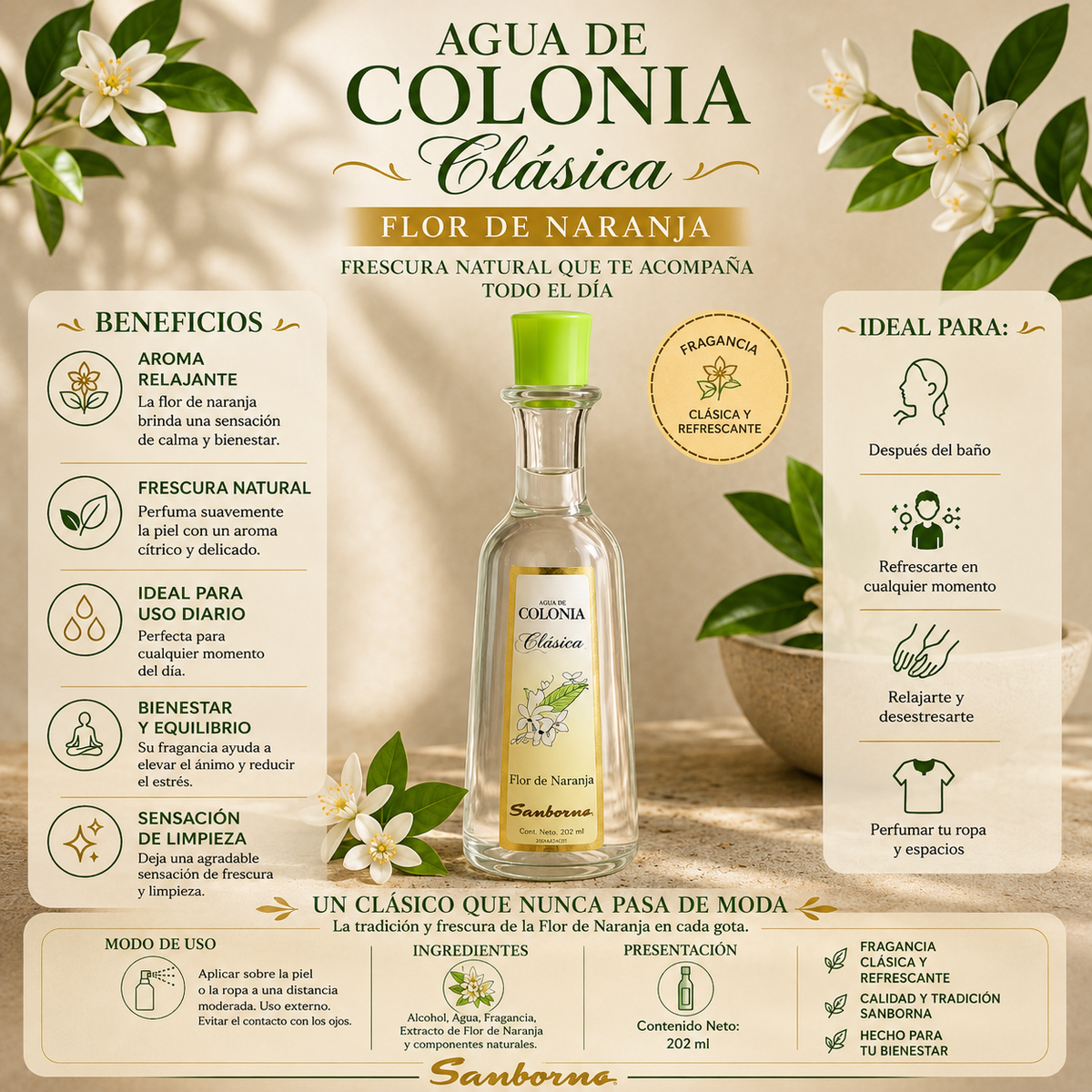 Agua de Colonia Clásica Flor de Naranja Sanborns 202mL
