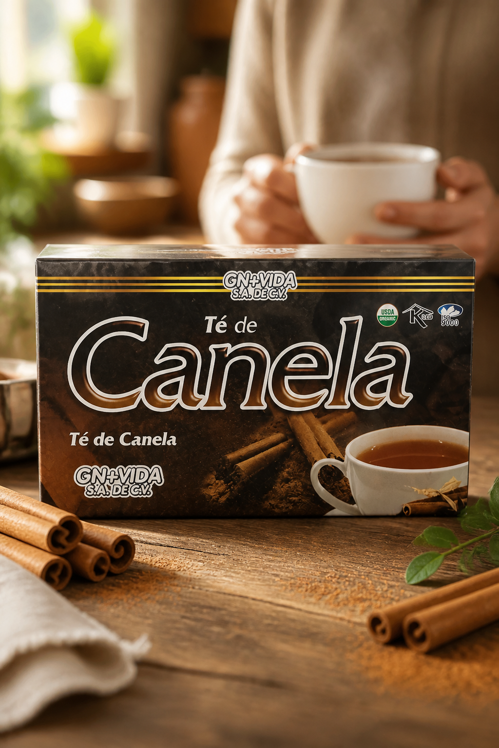 Caja de canela GYNVIDA de Green Aura Wellness con taza de té y ramas de canela sobre mesa de madera.