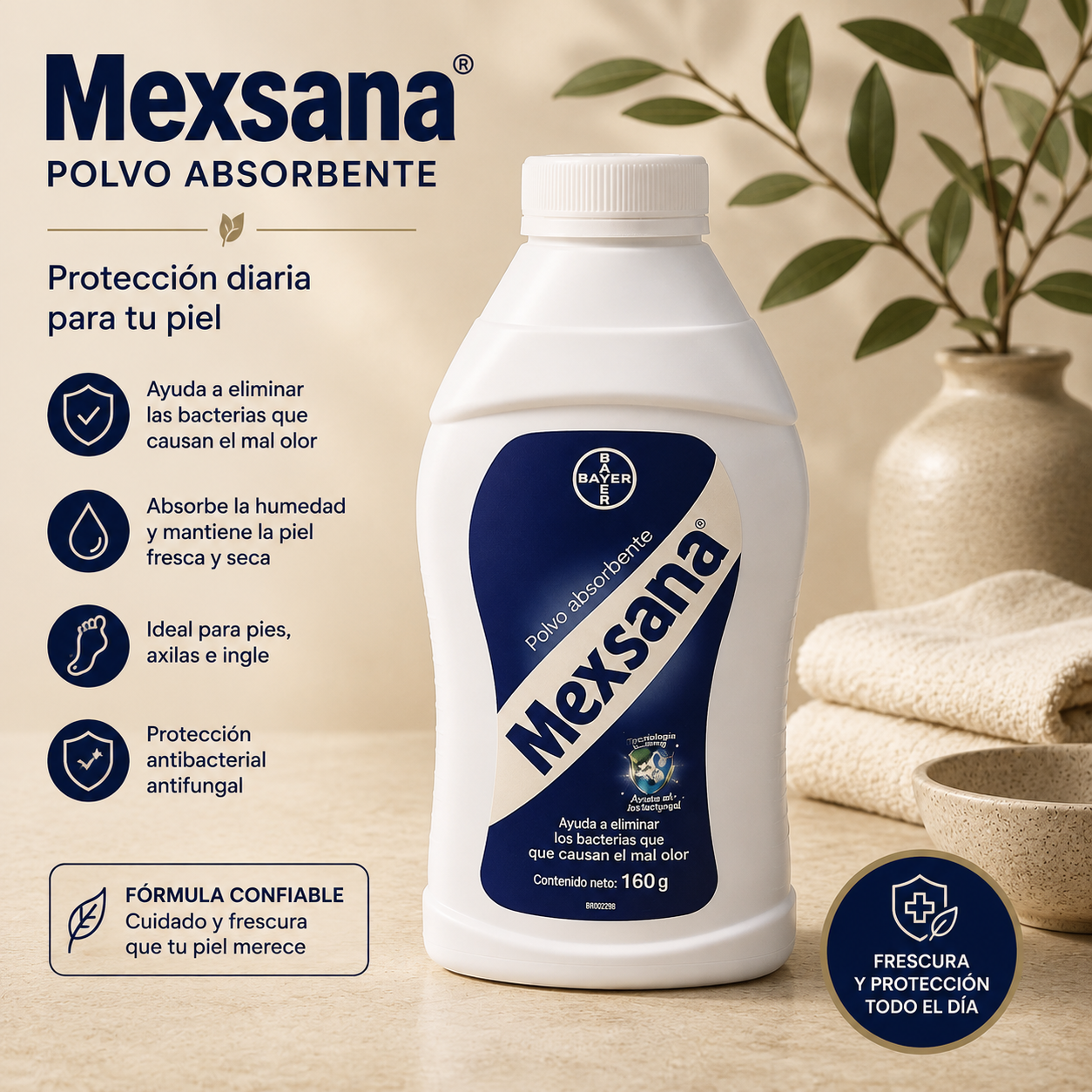 Mexsana Polvo Absorbente Antihongos 160 g | Control de Humedad y Mal Olor