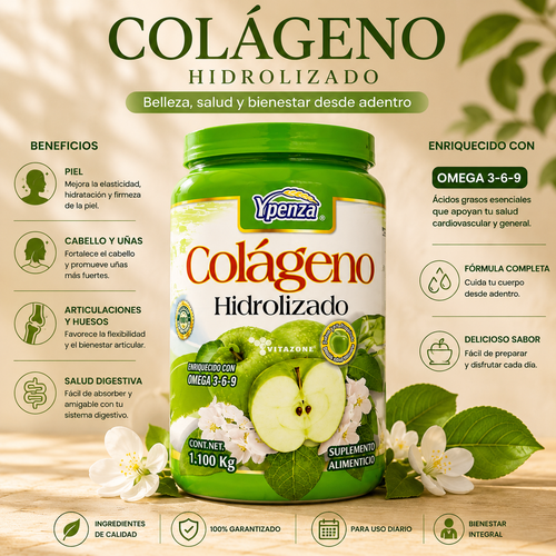 Colágeno Hidrolizado Ypenza 1.1 kg | Omega 3-6-9 | Sabor Manzana